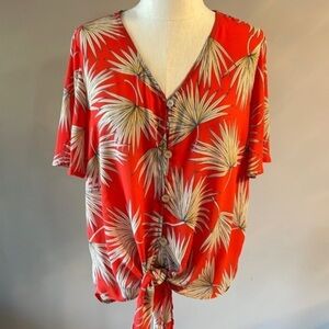 Women’s Tropical Summer Palm Leaf Short Sleeve Shirt Blouse Top Large